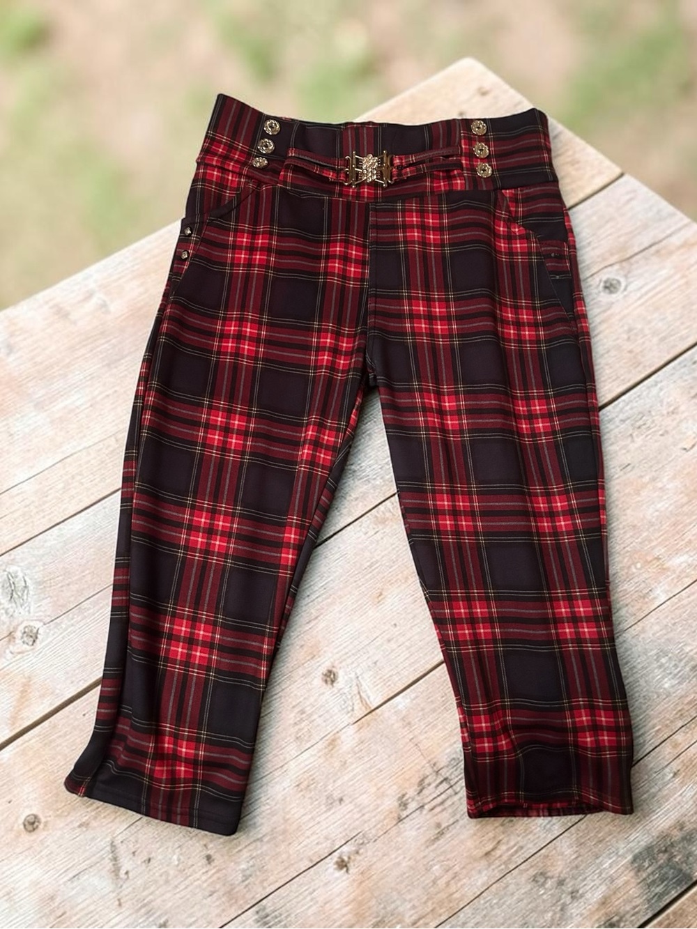 Juniors Red Plaid Stretch Pull-On Capris Bottoms - Embellished Waistband